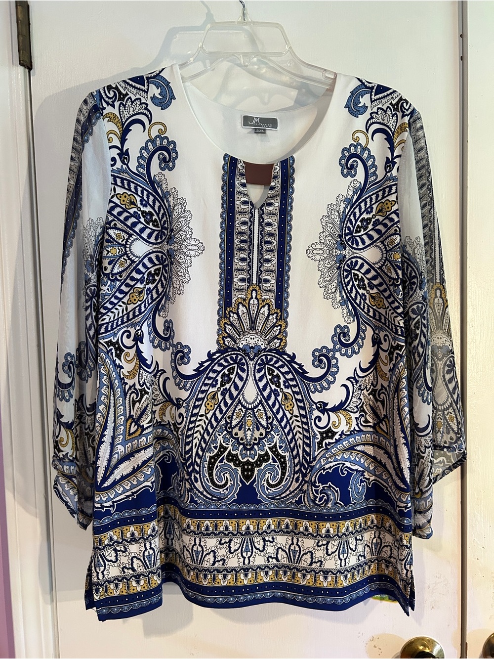 JM Collection White and Blue Paisley Print Blouse